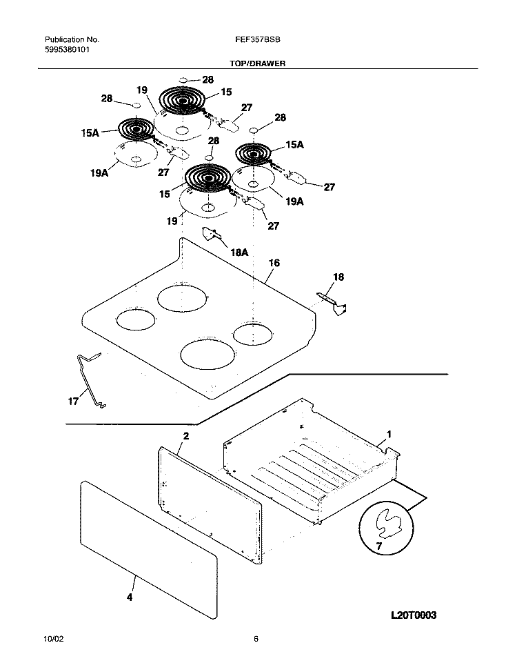 TOP / DRAWER Diagram and Parts List for FEF357BSB  Frigidaire Range