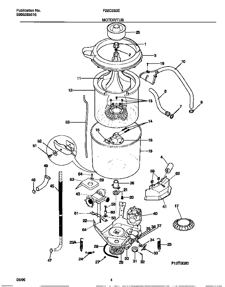 MOTOR / TUB Diagram and Parts List for F22C233ES0  Frigidaire Washer