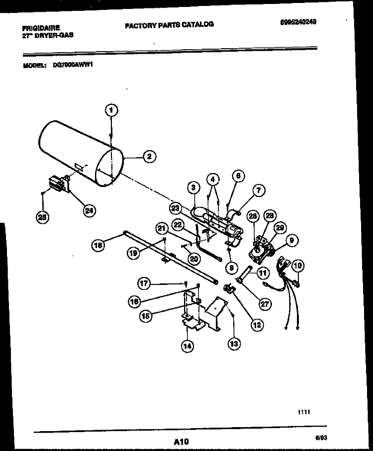 BURNER, IGNITER AND VALVE Diagram and Parts List for DG7000AWW1  Frigidaire Dryer