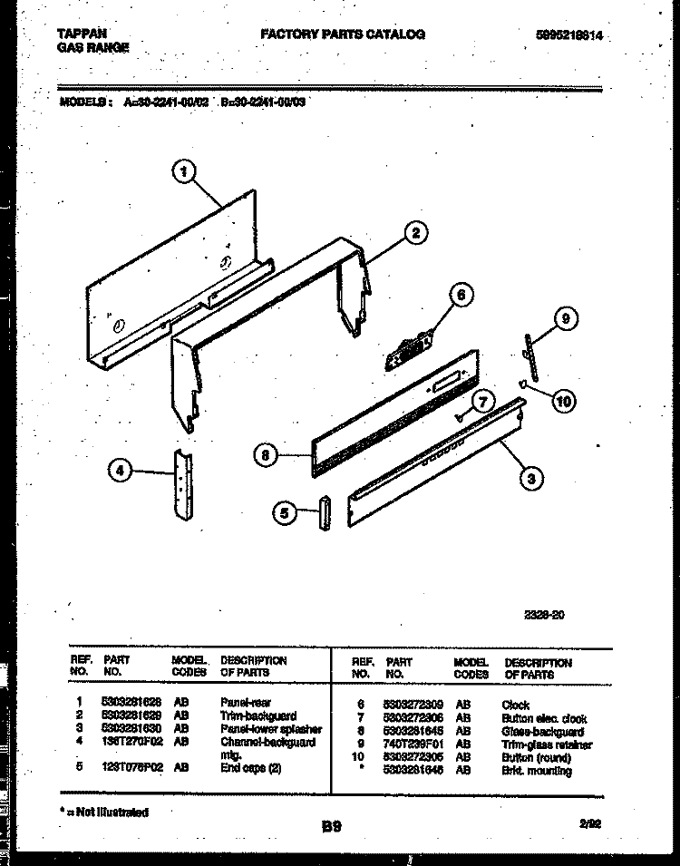 BACKGUARD Diagram and Parts List for 30-2241-00-03  Tappan Range
