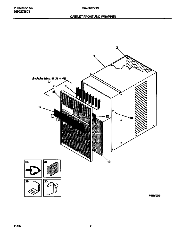 CABINET FRONT AND WRAPPER Diagram and Parts List for WAK107Y1V  Frigidaire Air Conditioner