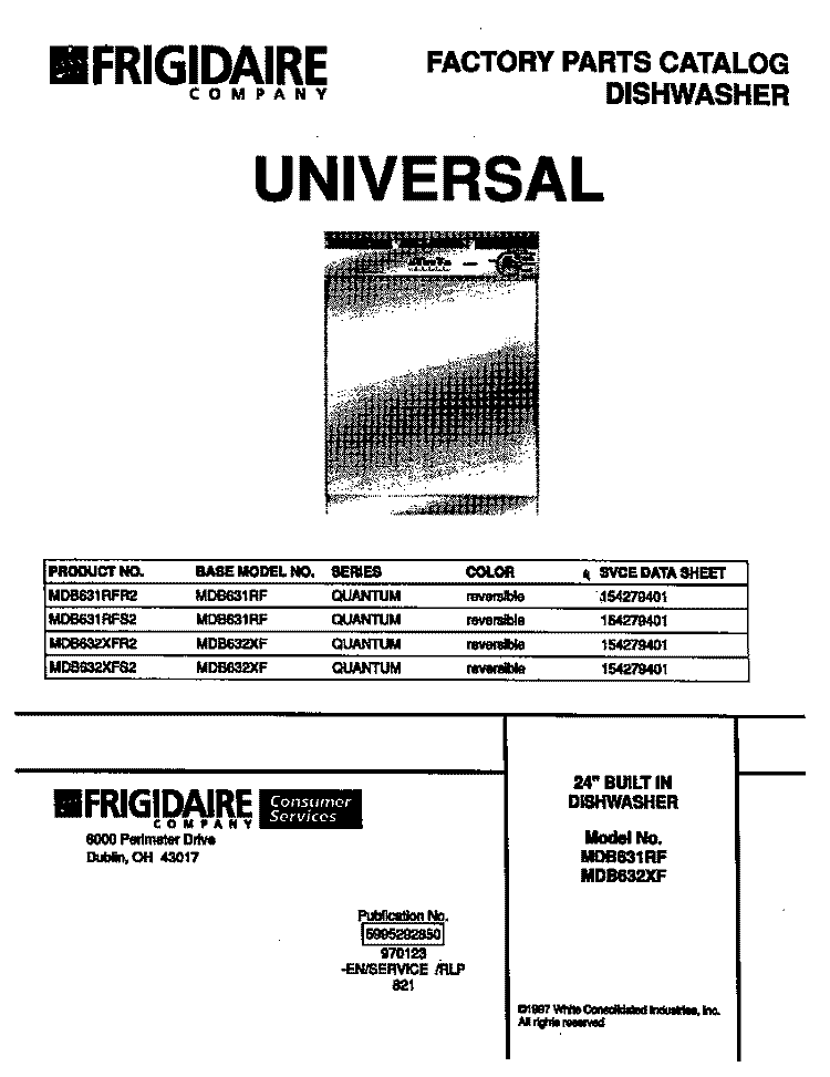 COVER Diagram and Parts List for MDB632XFS2  Frigidaire Dishwasher