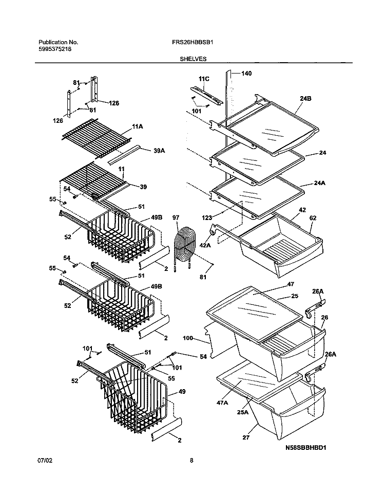 SHELVES Diagram and Parts List for FRS26HBBSB1  Frigidaire Refrigerator