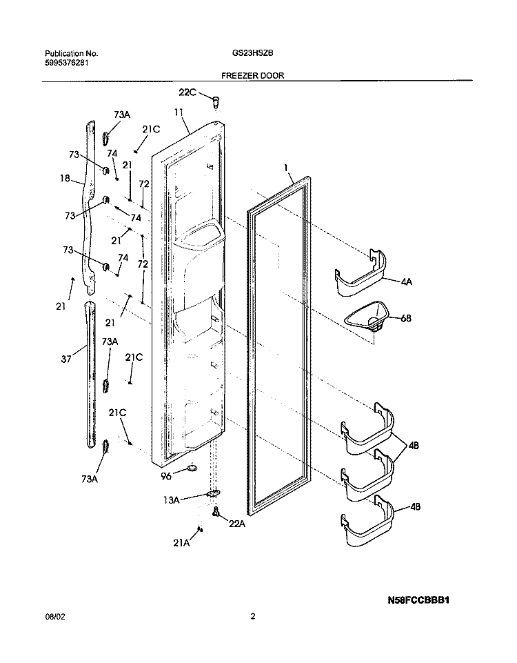 FREEZER DOOR Diagram and Parts List for GS23HSZBC2  Frigidaire Refrigerator