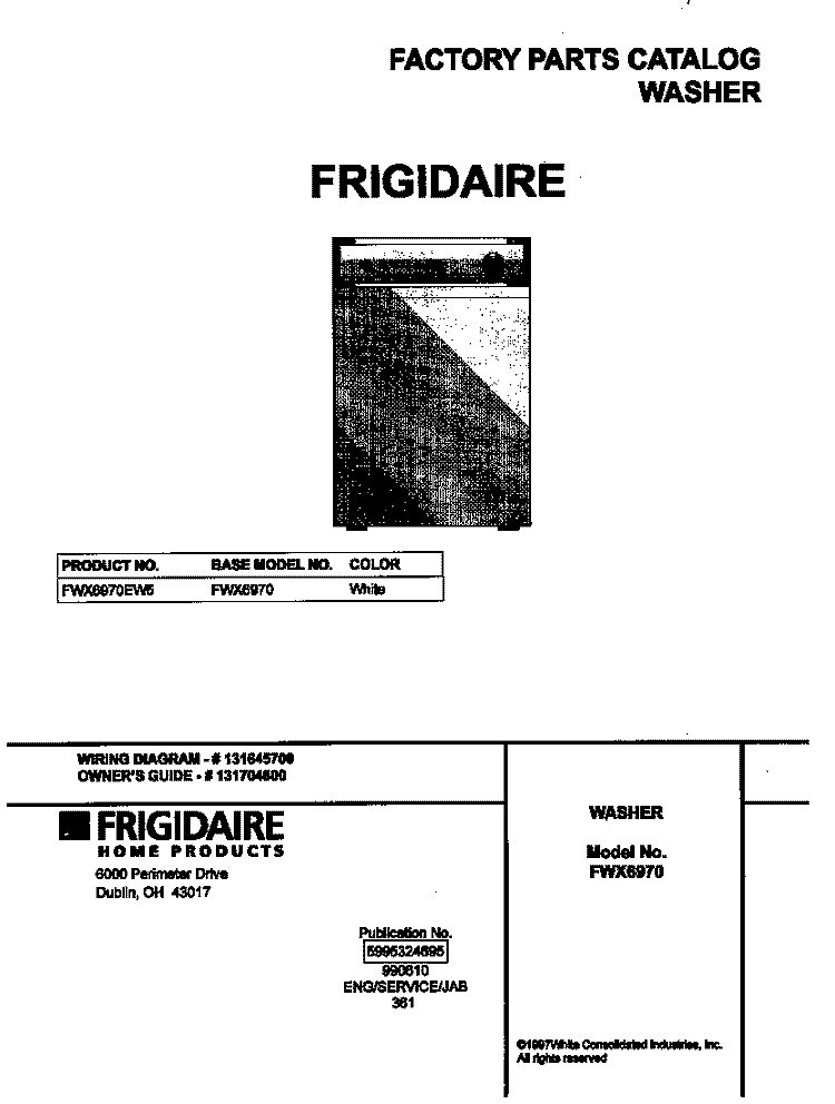 COVER Diagram and Parts List for FWX6970EW5  Frigidaire Washer