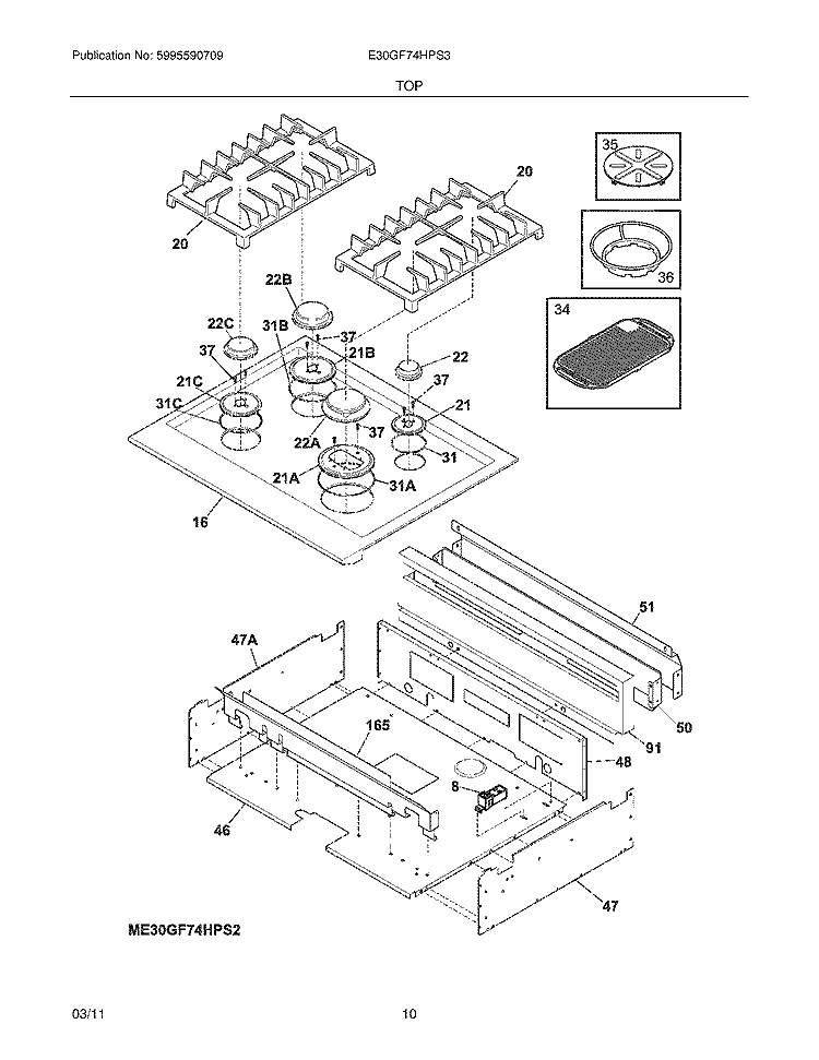 MAIN TOP Diagram and Parts List for E30GF74HPS3  Electrolux Range