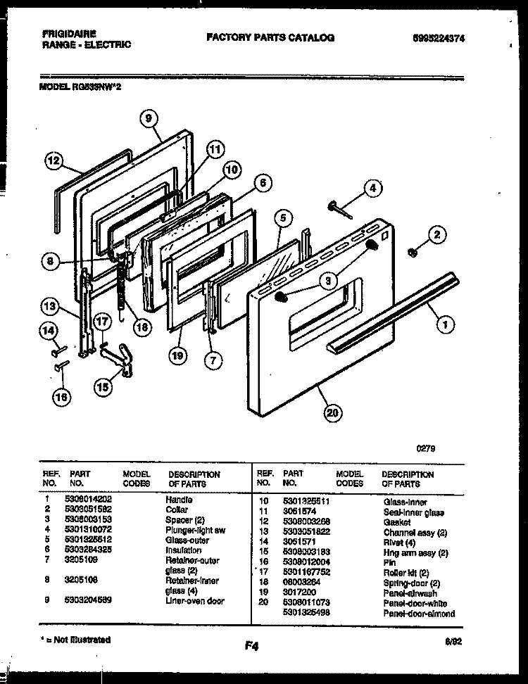 DOOR PARTS Diagram and Parts List for RG533NL2  Frigidaire Range