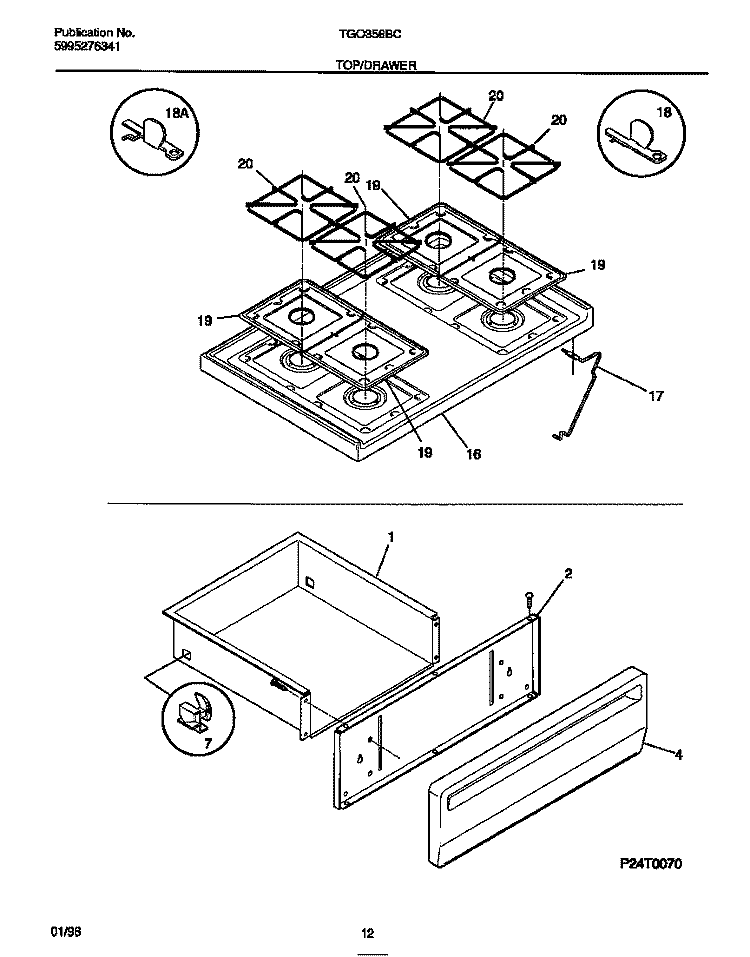 TOP / DRAWER Diagram and Parts List for TGO356BCDB  Tappan Range