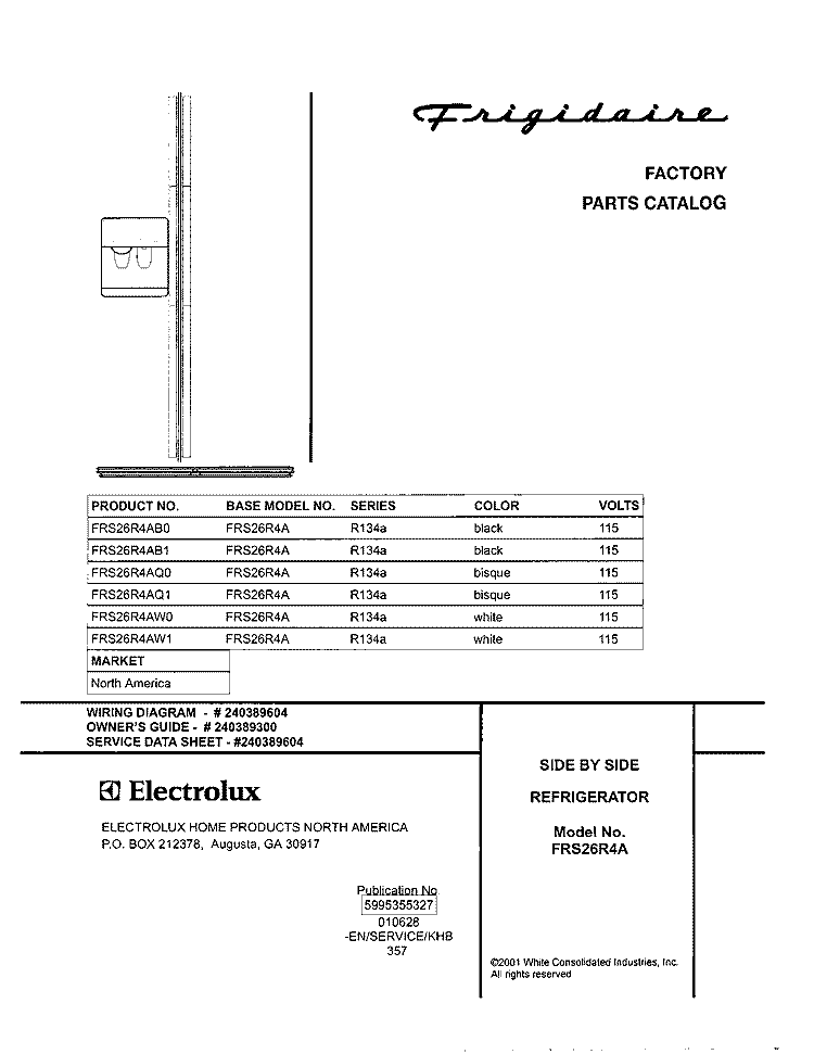 COVER Diagram and Parts List for FRS26R4AW1  Frigidaire Refrigerator