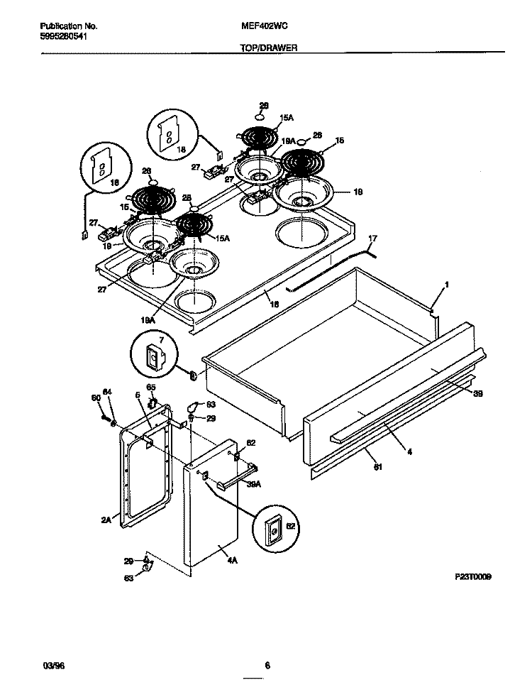 TOP / DRAWER Diagram and Parts List for MEF402WCD2  Frigidaire Range