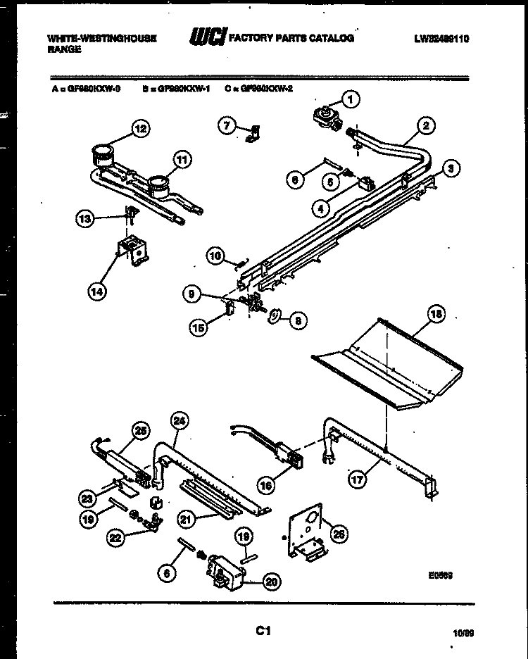BURNER, MANIFOLD AND GAS CONTROL Diagram and Parts List for GF980KXW0  Frigidaire Range
