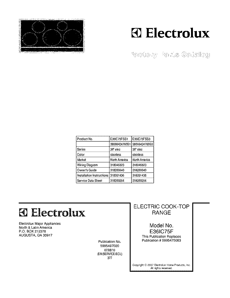 COVER Diagram and Parts List for E36IC75FSS3  Electrolux Cooktop