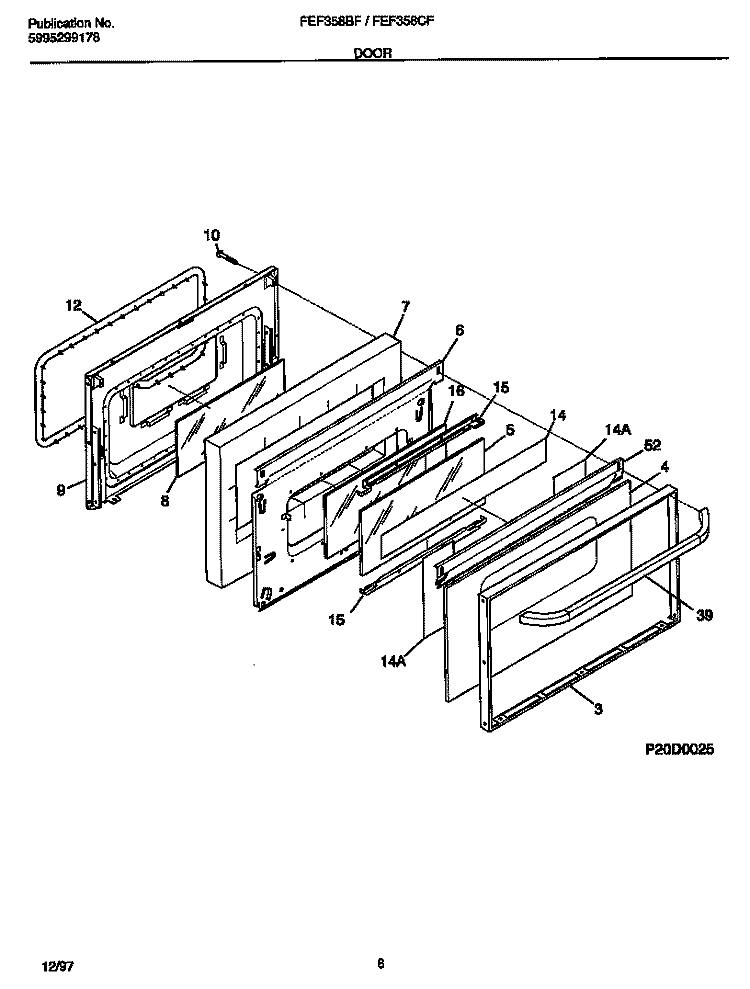 DOOR Diagram and Parts List for FEF358CFSA  Frigidaire Range