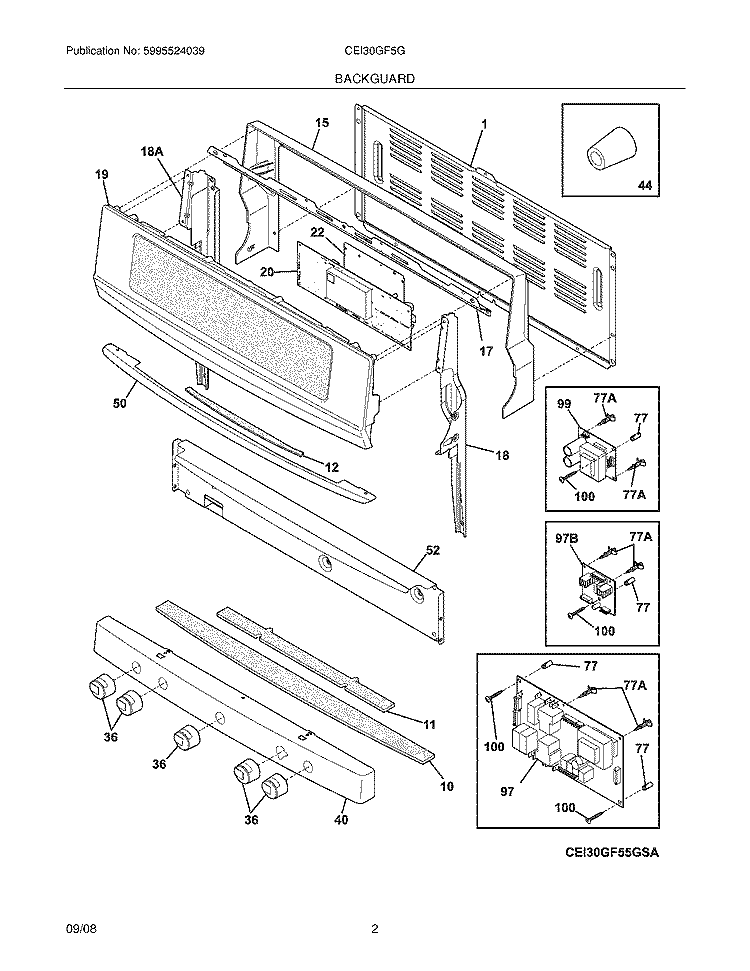 BACKGUARD Diagram and Parts List for CEI30GF5GSB  Electrolux Range
