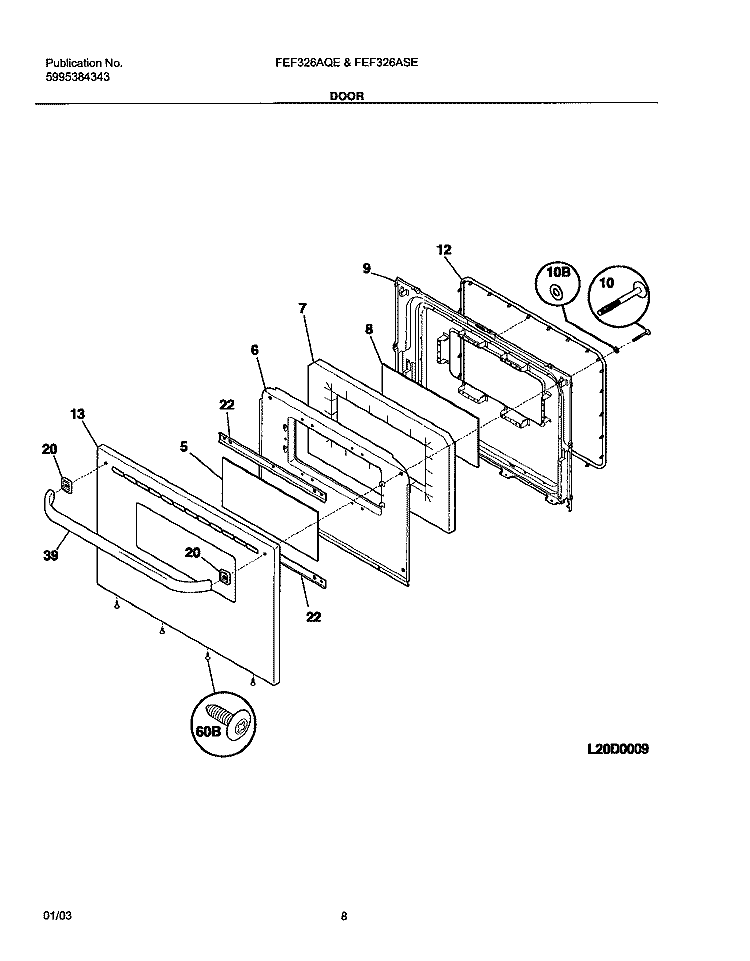 DOOR Diagram and Parts List for FEF326AQE  Frigidaire Range