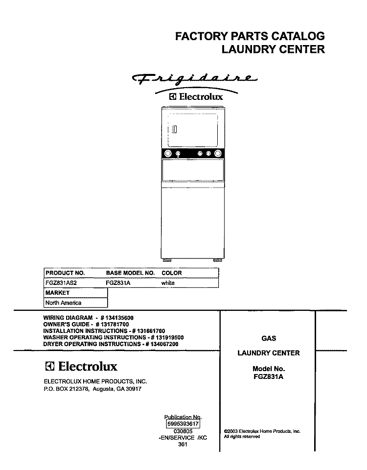 COVER Diagram and Parts List for FGZ831AS2  Frigidaire Washer Dryer Combo