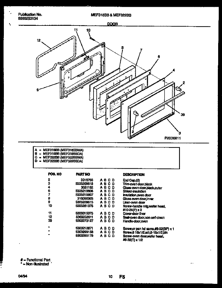 DOOR PARTS Diagram and Parts List for MEF318BBWA  Frigidaire Range