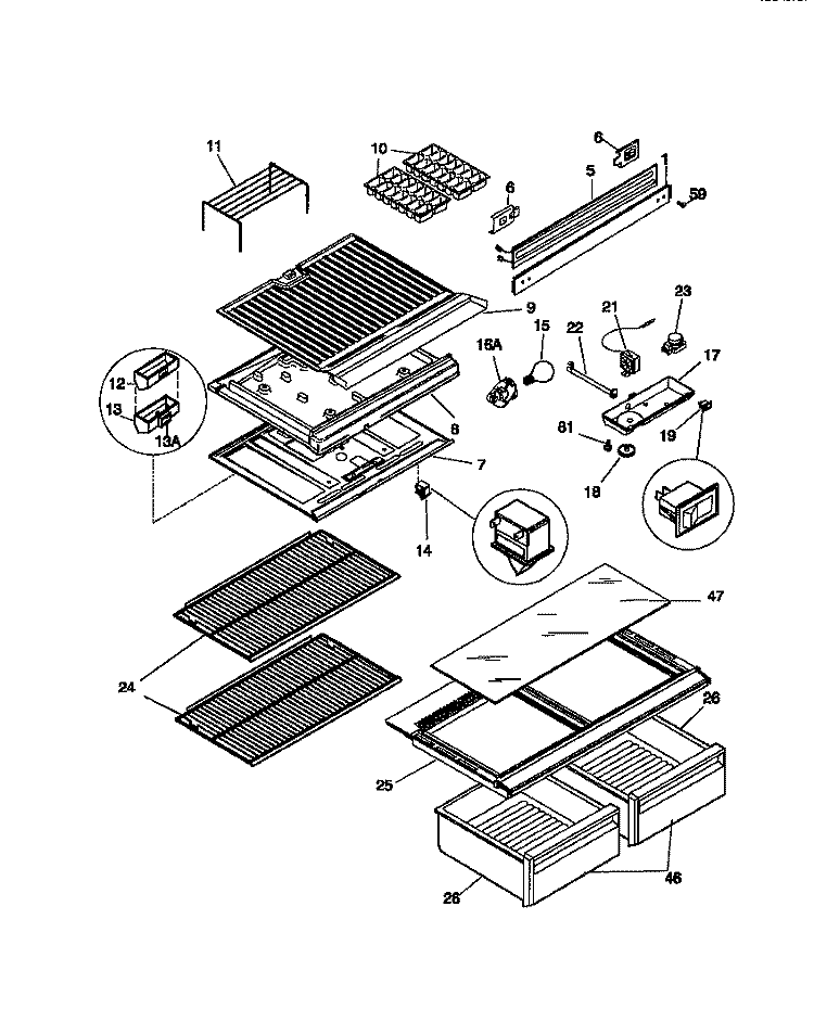 SHELVES / CONTROLS Diagram and Parts List for MRT18CSCD0  Frigidaire Refrigerator