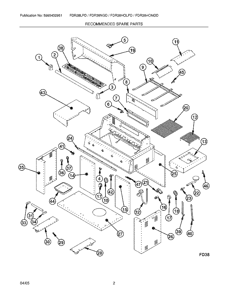 RECOMMENDED SPARE PARTS Diagram and Parts List for FDR38LPDC  Frigidaire Grill