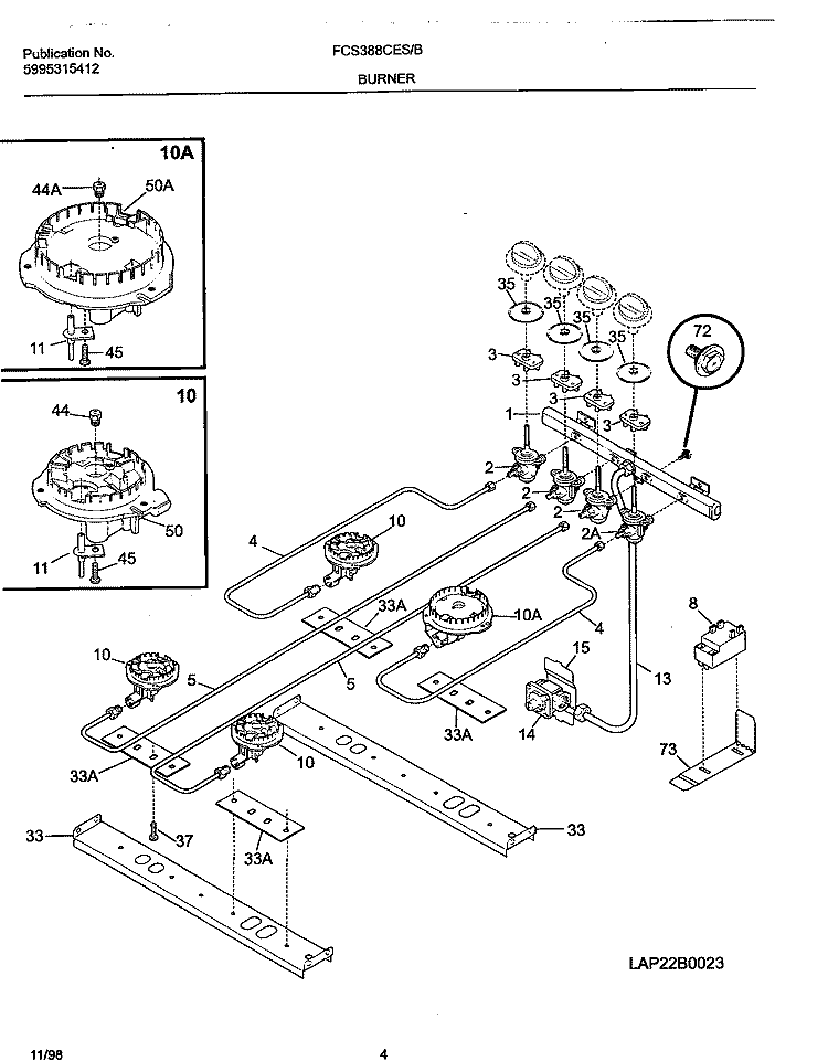 BURNER Diagram and Parts List for FCS388CEBC  Frigidaire Range