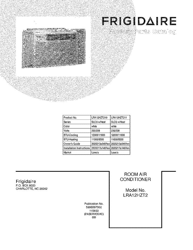 COVER Diagram and Parts List for LRA12HZT210  Frigidaire Air Conditioner