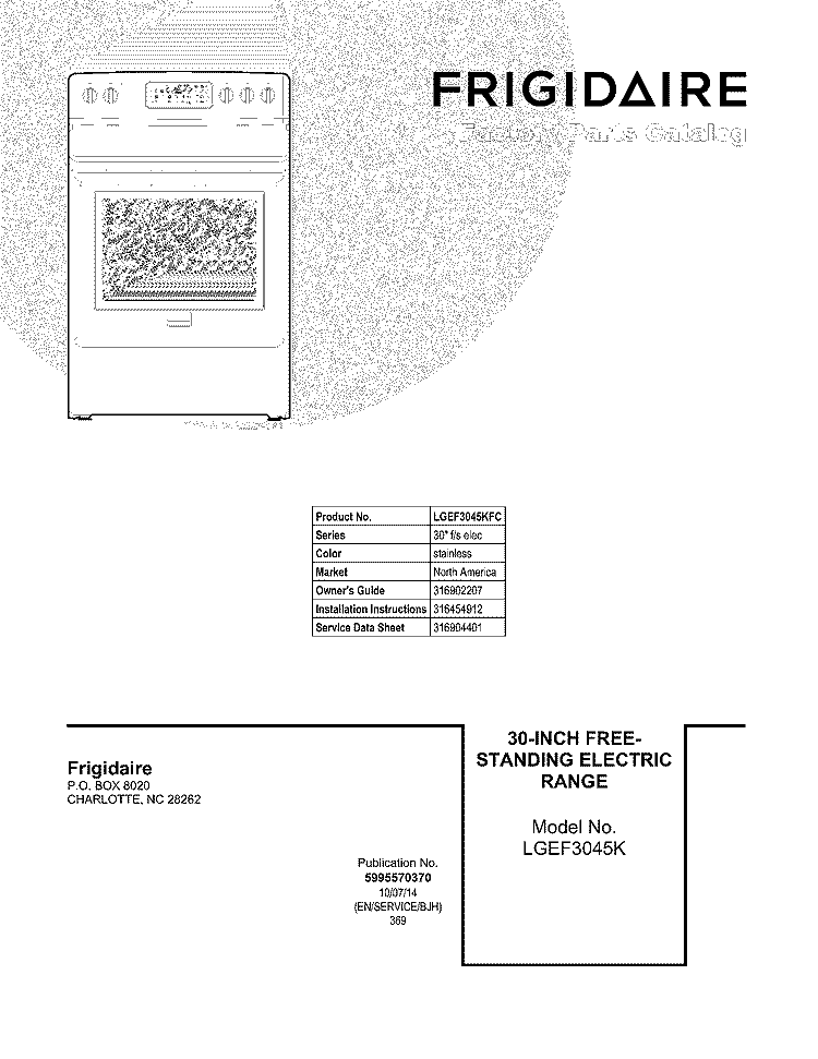 COVER Diagram and Parts List for LGEF3045KFC  Frigidaire Range