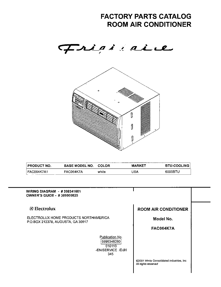 COVER Diagram and Parts List for FAC064K7A1  Frigidaire Air Conditioner