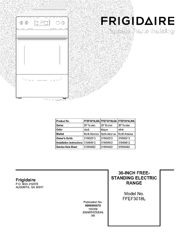 COVER Diagram and Parts List for FFEF3018LBA  Frigidaire Range