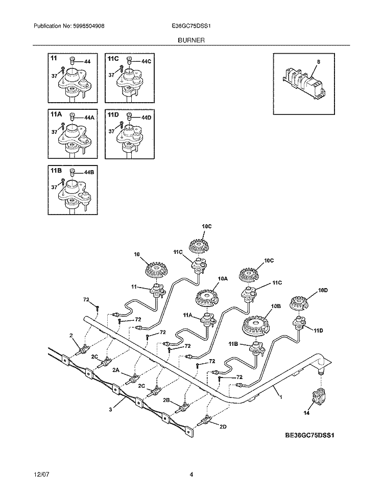 BURNER Diagram and Parts List for E36GC75DSS1  Electrolux Cooktop