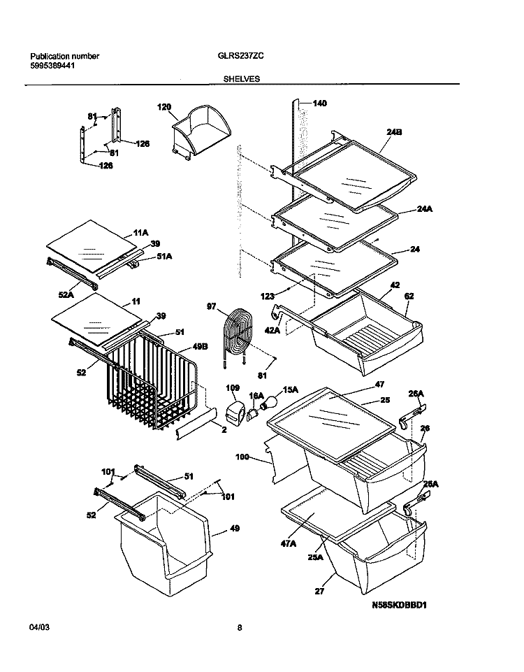 SHELVES Diagram and Parts List for GLRS237ZCB0  Frigidaire Refrigerator