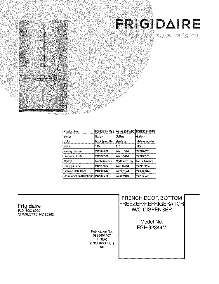COVER Diagram and Parts List for FGHG2344ME2  Frigidaire Refrigerator