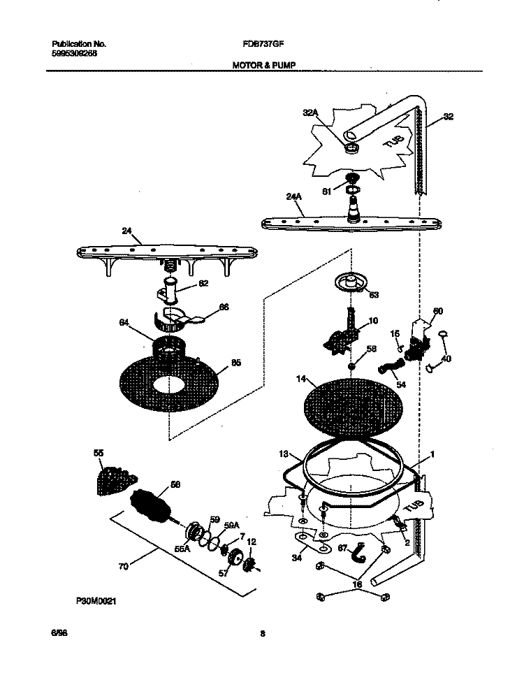 MOTOR AND PUMP Diagram and Parts List for FDB737GFT3  Frigidaire Dishwasher