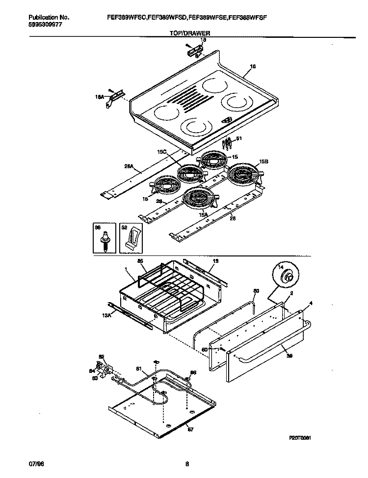 TOP / DRAWER Diagram and Parts List for FEF389WFSC  Frigidaire Range