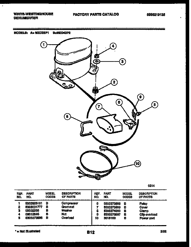 COMPRESSOR PARTS Diagram and Parts List for MED40P2  Frigidaire Dehumidifier