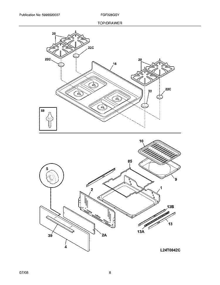 TOP/DRAWER Diagram and Parts List for FGF328GSY  Frigidaire Range