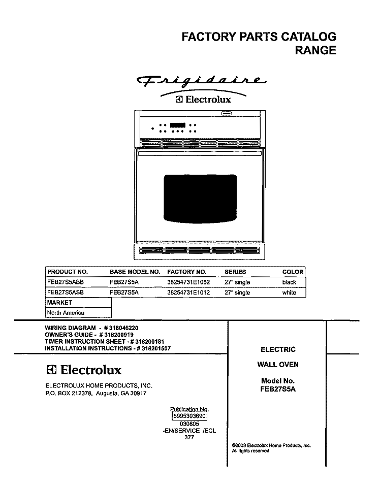 COVER Diagram and Parts List for FEB27S5ASB  Frigidaire Wall Oven