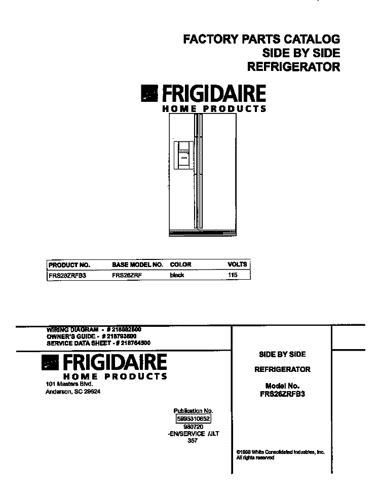 COVER Diagram and Parts List for FRS26ZRFB3  Frigidaire Refrigerator