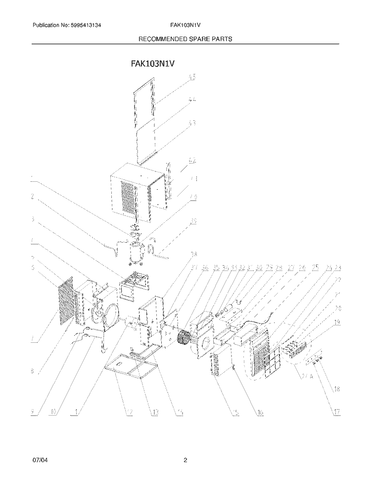 RECOMMENDED SPARE PARTS Diagram and Parts List for FAK103N1V  Frigidaire Air Conditioner