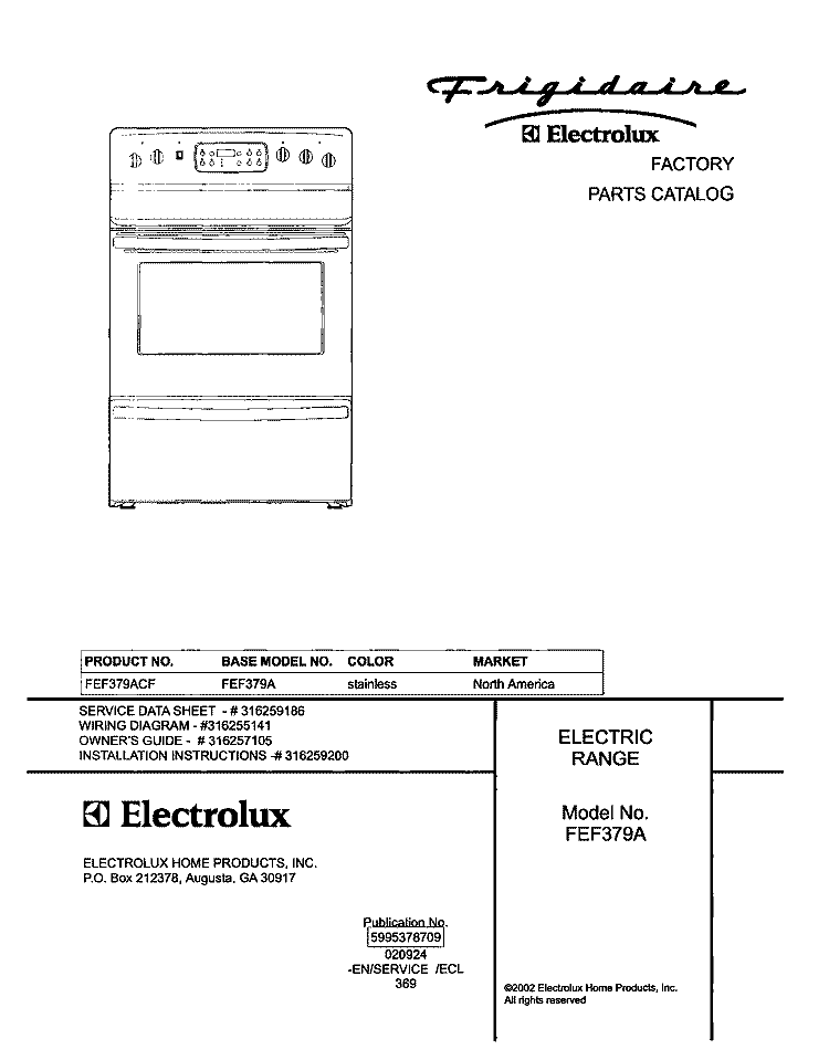 COVER Diagram and Parts List for FEF379ACF  Frigidaire Range