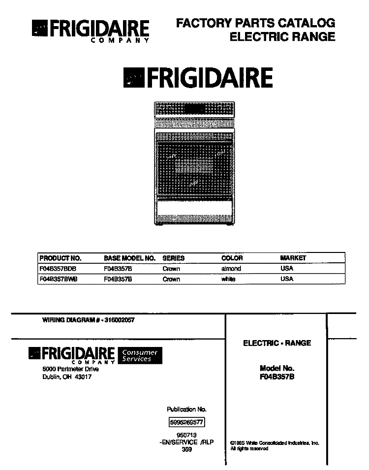 COVER Diagram and Parts List for F04B357BDB  Frigidaire Range