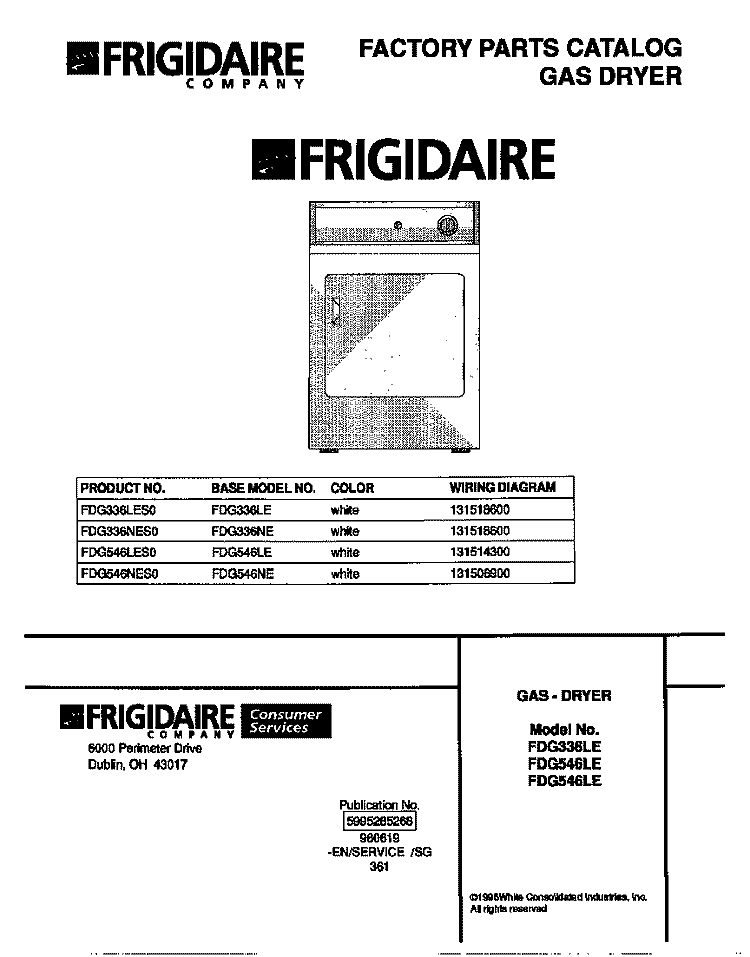 COVER Diagram and Parts List for FDG546LES0  Frigidaire Dryer