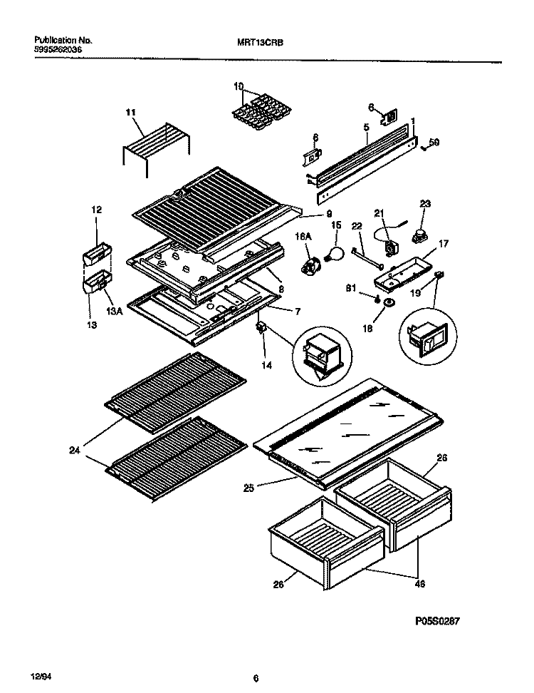 SHELVES, CONTROLS, DIVIDER, MULLION Diagram and Parts List for MRT13CRBD2  Frigidaire Refrigerator