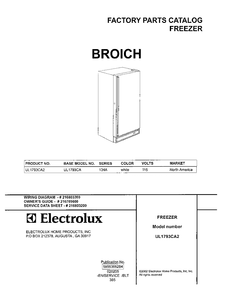 COVER Diagram and Parts List for UL1793CA2  Electrolux Freezer