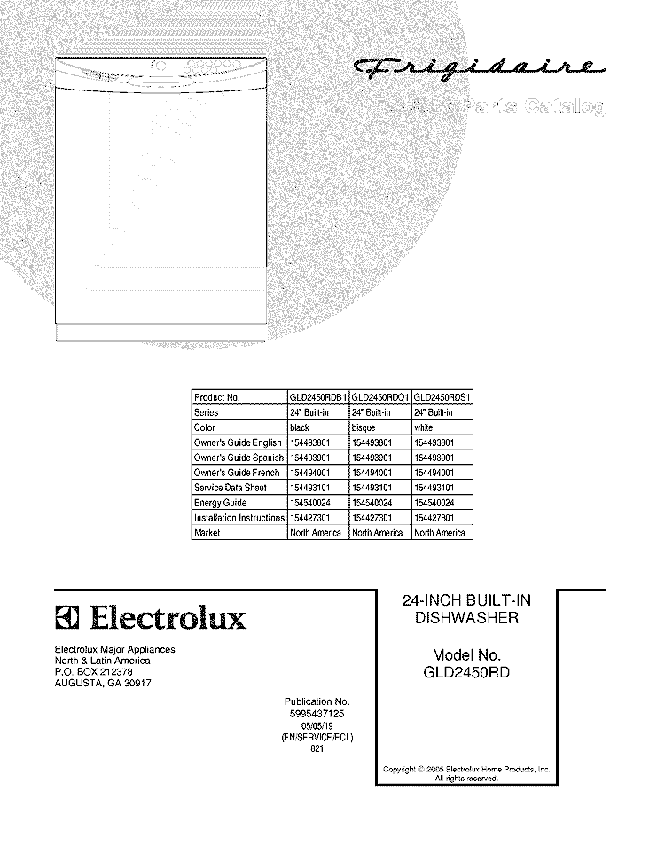 COVER Diagram and Parts List for GLD2450RDS1  Frigidaire Dishwasher