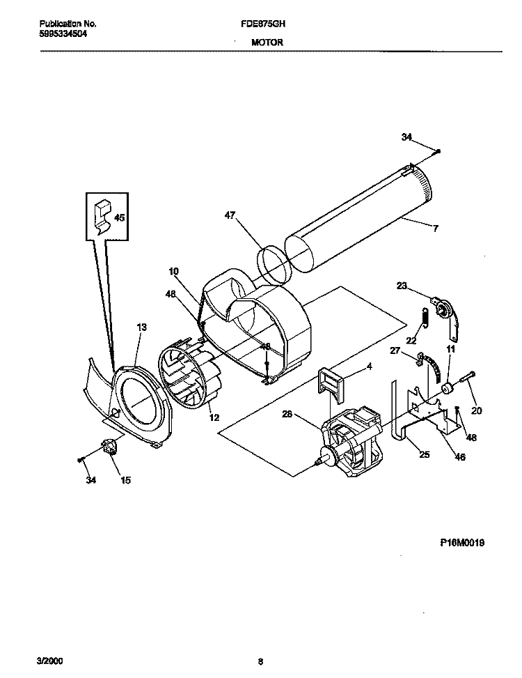 P16M0019 MOTOR, BLOWER Diagram and Parts List for FDE875GHT0  Frigidaire Dryer