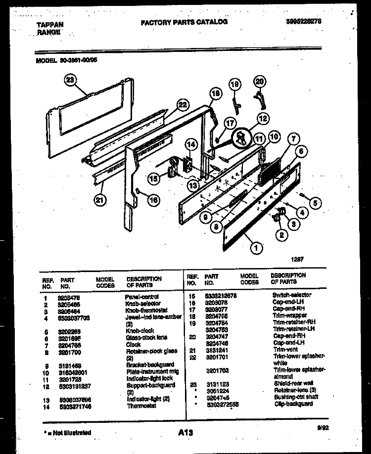 BACKGUARD Diagram and Parts List for 30-3851-23-05  Tappan Range