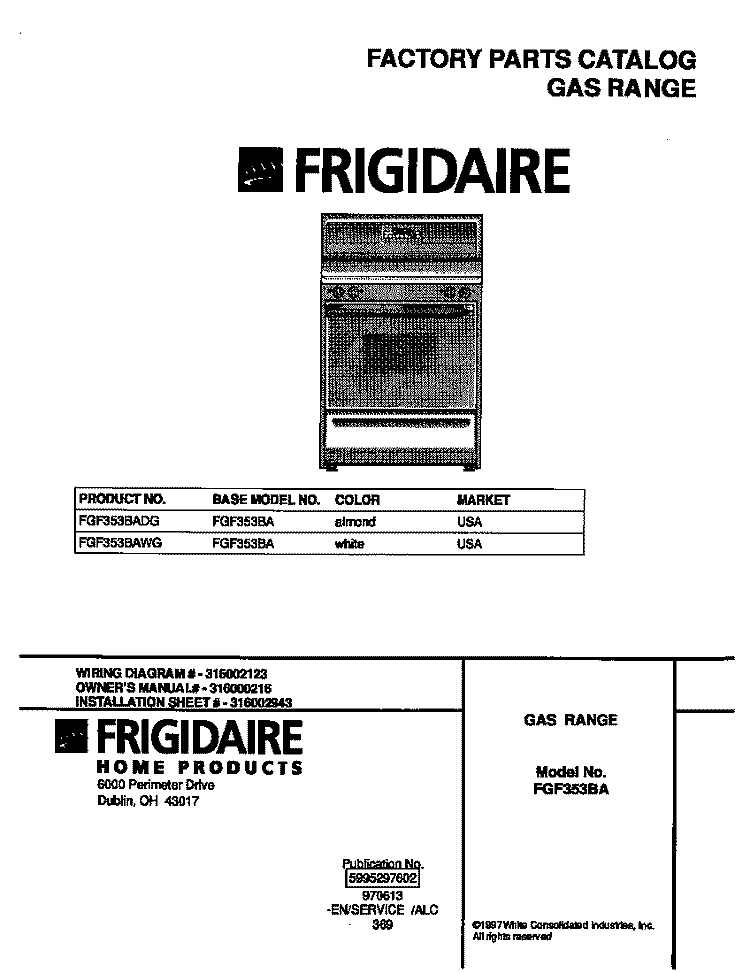 COVER Diagram and Parts List for FGF353BADG  Frigidaire Range