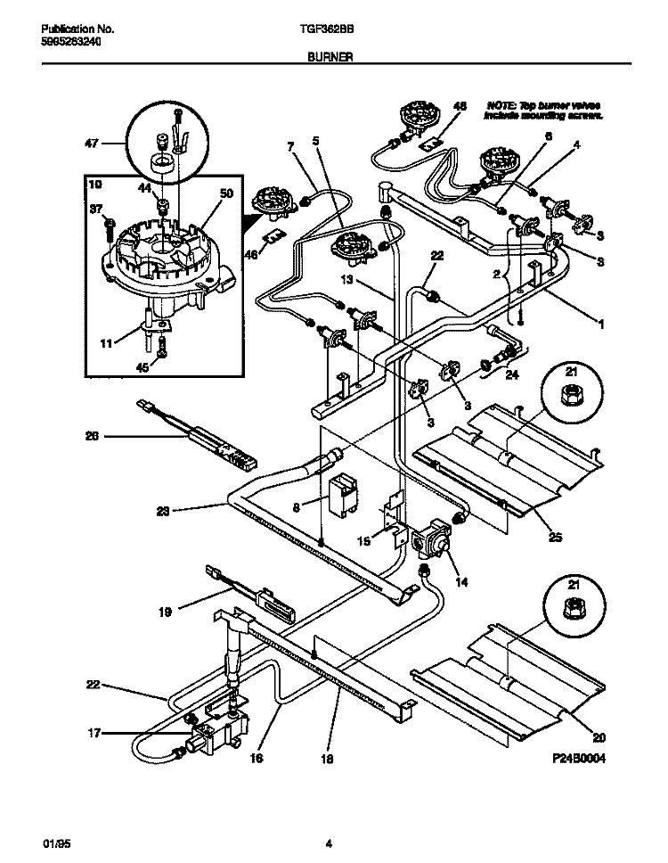 BURNER Diagram and Parts List for TGF362BBBA  Tappan Range