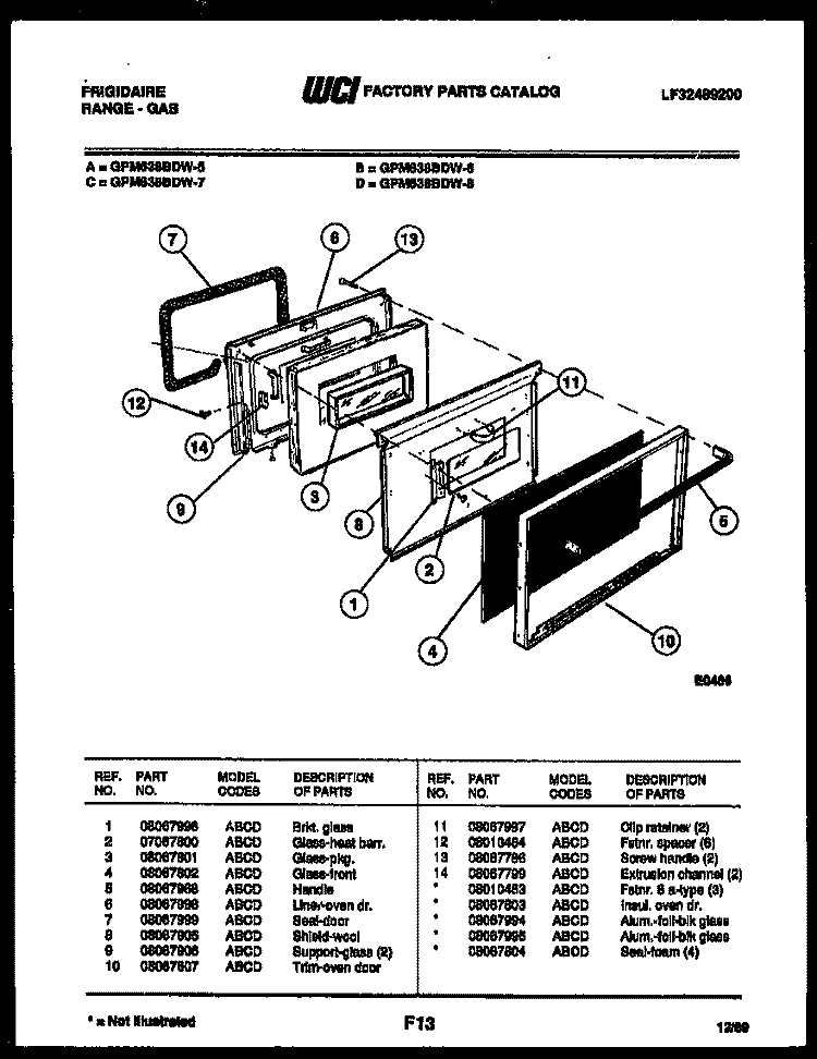 LOWER OVEN DOOR PARTS Diagram and Parts List for GPM638BDL8  Frigidaire Range