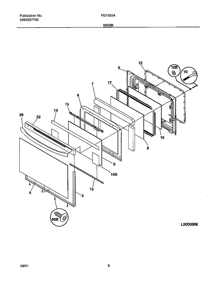DOOR Diagram and Parts List for FEF355ABB  Frigidaire Range